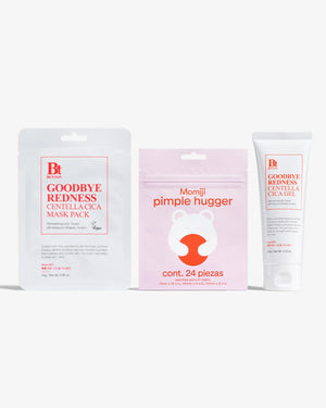Set para brotes Goodbye Pimple Trio con ingredientes como niacinamida y ácido hialurónico para combatir las imperfecciones y promover una piel saludable.