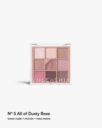 All of Dusty Rose maquillaje de sombras de ojos de Unleashia en Momiji Beauty. Estas sombras de ojos ofrecen una variedad de tonos vibrantes y pigmentados que te permiten crear looks espectaculares para cualquier ocasión. Su fórmula de larga duración garantiza que tu maquillaje se mantenga fresco y vibrante durante todo el día o la noche. Crea un look natural y sutil o algo más atrevido y llamativo. Te brindan la versatilidad y la calidad que necesitas para expresar tu creatividad.